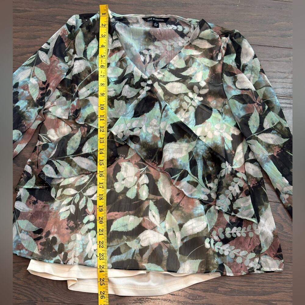 Zac & Rachel Sheer Floral Ruffle Blouse Dusty Olive Multi  Size Small NWT - Picture 6 of 11